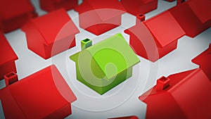 Green house standing out among red houses. 3D illustration