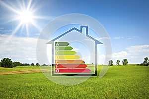 Green house in the sun with energy efficiency graph