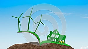 Green house turbines on grass soil textured book