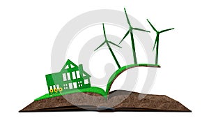 Green house turbines on grass soil textured book, 3D illustration
