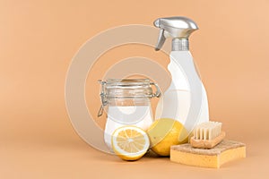 Green household. Natural homemade cleaners - baking soda, lemon, citric acid, spray bottle