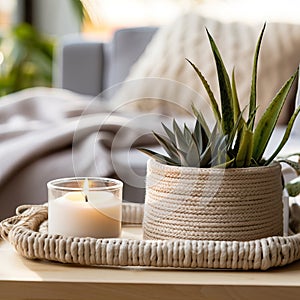 Green houseplants and burning candle closeup shot, natural home decor with plats and leaves