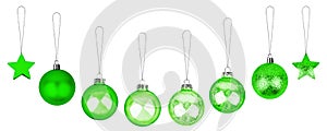 Green ÃÂ¡hristmas tree decorations set white background isolated closeup, hanging glass balls stars collection, New Year holiday