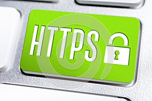Green HTTPS Button With Lock On A Keyboard, Secure Internet Concept