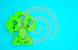 Green Human head with question mark icon isolated on blue background. Minimalism concept. 3d illustration 3D render