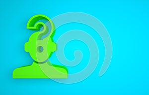 Green Human head with question mark icon isolated on blue background. Minimalism concept. 3D render illustration