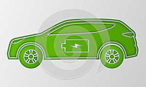 Green hybrid car in paper art style. Electric powered environmental vehicle. Contour automobile with battery sign.