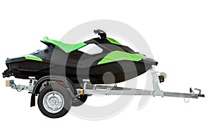 Green hydrocycle on the automobile trailer, isolated on a white