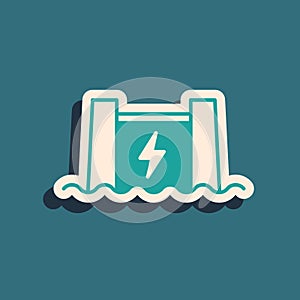 Green Hydroelectric dam icon isolated on green background. Water energy plant. Hydropower. Hydroelectricity. Long shadow