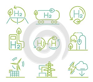 Green hydrogen production collection. Editable vector illustration