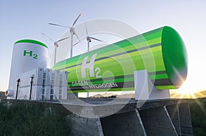 Green Hydrogen renewable energy production facility - green hydrogen gas for clean electricity solar and windturbine facility photo