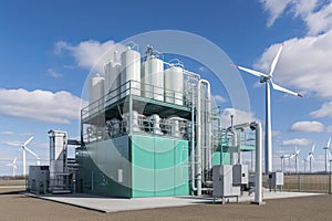 Green Hydrogen renewable energy production facility - green hydrogen gas for clean electricity solar and windturbine facility