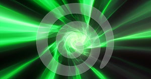 Green hypertunnel spinning speed tunnel made of twisted swirling energy magic glowing light lines abstract background