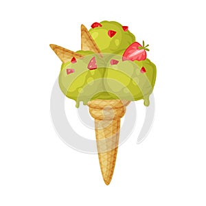 Green Ice Cream Ball in Waffle Cone with Strawberry as Frozen Dessert and Sweet Snack Vector Illustration