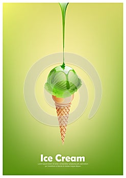Green ice cream cone, Pour green syrup, lemon lime and green tea flavor, Vector illustration