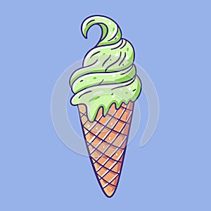 Green ice cream. Sweet cold dessert. Vector illustration