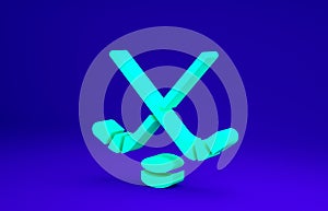 Green Ice hockey sticks and puck icon isolated on blue background. Game start. Minimalism concept. 3d illustration 3D