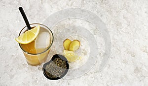 Green Ice Tea  with Ginger Root on Ice isolated on white Background - Panorama