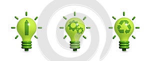 Green ideas concept, environmental ideas illustrated on green light bulbs, design, production and recycling to reduce waste