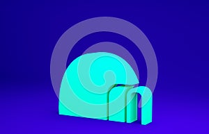 Green Igloo ice house icon isolated on blue background. Snow home, Eskimo dome-shaped hut winter shelter, made of blocks