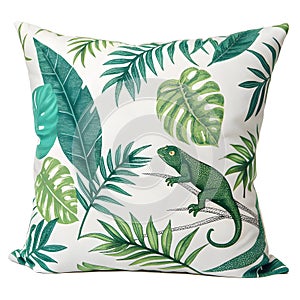 Green Iguana Pillow with Tropical Leaf Pattern