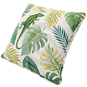 Green Iguana Pillow with Tropical Leaf Pattern