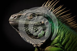 Green iguana portrait on black background posing in studio, Photo realistic image, Generative Ai