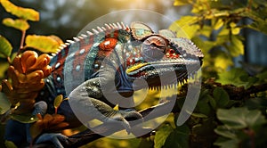 iguana on a tree, green iguana on a tree branch, close-up of colored chameleon on the tree, close-up of a chameleon in the forest