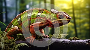 iguana on a tree, green iguana on a tree branch, close-up of colored chameleon on the tree, close-up of a chameleon in the forest