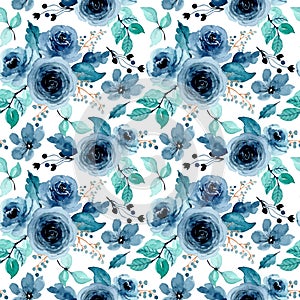 green indigo floral watercolor seamless pattern