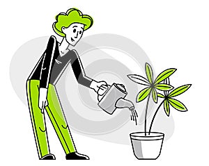 Green indoor plants for office or home vector outline illustration.