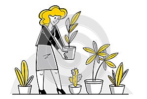 Green indoor plants for office or home vector outline illustration.