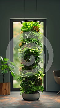 Green indoor vertical tower featuring sustainable lettuce cultivation