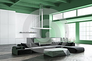 Green industrial style kitchen and living room
