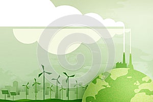 Green industry and clean energy on eco friendly cityscape background.Paper art of ecology and environment concept.Vector