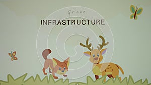 Green Infrastructure inscription. Graphic presentation with happy wild animals. Environment concept