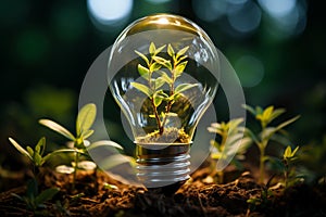 Green innovation, Light bulb nurtures tree, embodying energy-saving ideas photo