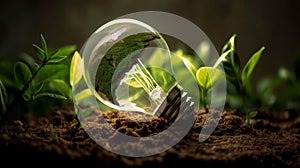 Green Innovation: Light bulb with plant and green earth inside. Generative AI