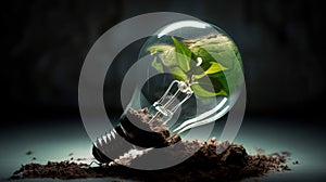 Green Innovation: Light bulb with plant and green earth inside. Generative AI