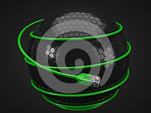 Green internet cable around tech sphere. conceptual 3d illustration of ethernet cable and rj-45 plug.