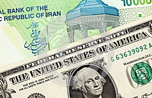 Iranian 10000 Rial Note With American One Dollar Bill