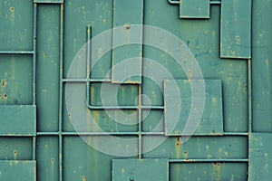 Green iron fence with a pattern of geometric lines of metal.