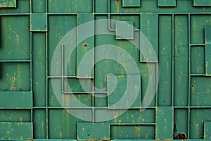 Green iron fence with a pattern of geometric lines of metal.Full Frame Background of Metal Door Frame Pattern