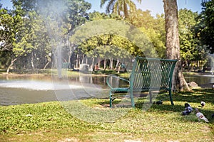 Green iron Stylish bench in summer park
