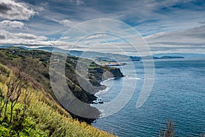 Green island in the Atlantic Ocean, Sao Miguel, Azores, Portugal