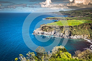 Green island in the Atlantic Ocean, Sao Miguel, Azores, Portugal