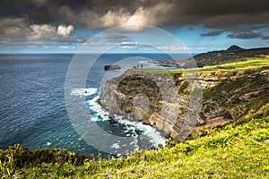 Green island in the Atlantic Ocean, Sao Miguel, Azores, Portugal