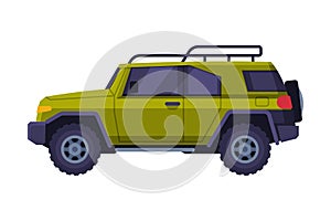 Green Jeep Car, Vehicle for Camping, Hunting and Travel Flat Vector Illustration