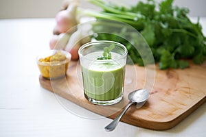 a green juice with a dollop of yogurt in the center