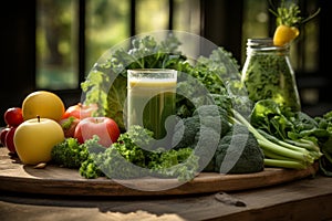 Green Juice and Vegetables in Glass Mugs with Detox Smoothie, Lime, Lemon, apple - Vegetarian Delight, Fresh vegetables and fruits